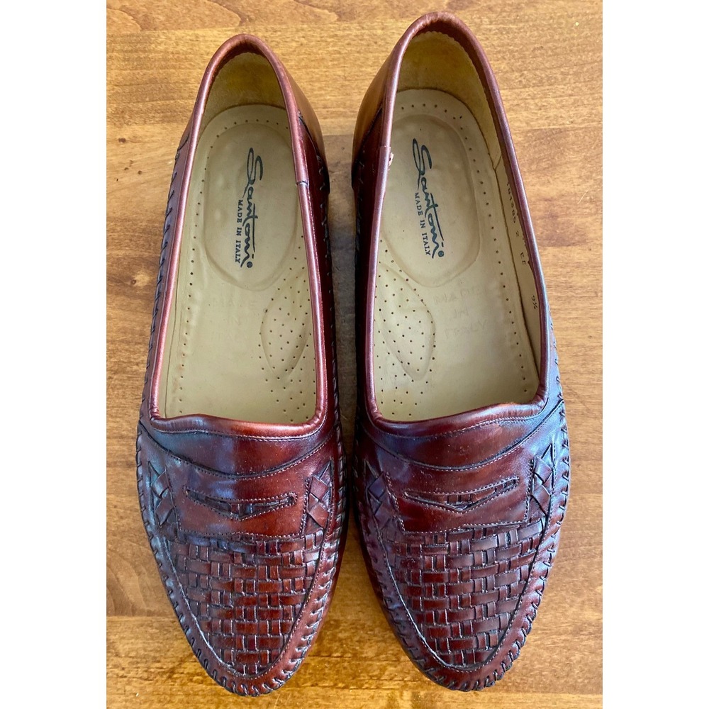 Santoni Italy Woven Leather Penny Loafers Men's 9.5 EE Brown Handcrafted Dress